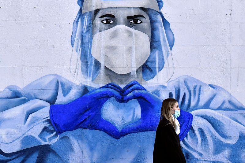 © Reuters. FILE PHOTO: A woman walks past a mural depicting a frontline worker amid the spread of the coronavirus disease (COVID-19) in Dublin, Ireland, January 12, 2022. REUTERS/Clodagh Kilcoyne