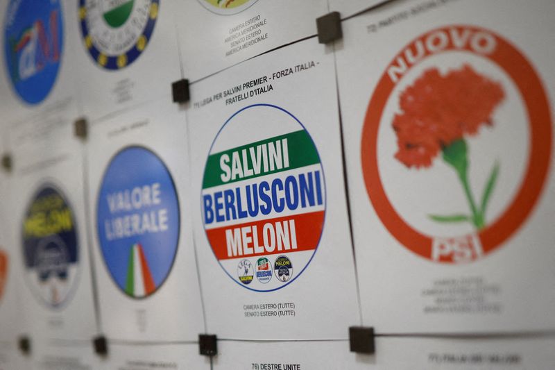 &copy; Reuters. Simboli di diversi partiti politici in un cartellone elettorale a Roma. 23 agosto 2022 REUTERS/Guglielmo Mangiapane/File Photo