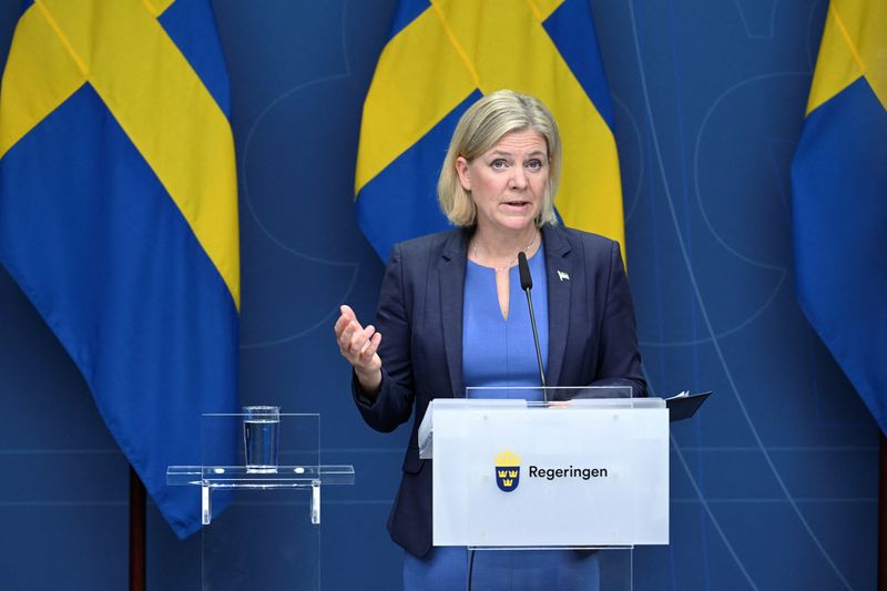 &copy; Reuters. スウェーデンのアンデション首相（写真）は１４日、１１日に実施された総選挙での敗北を認め、辞意を表明した。提供写真（２０２２年　ロイター/Jessica Gow/TT News Agency via REUTERS）