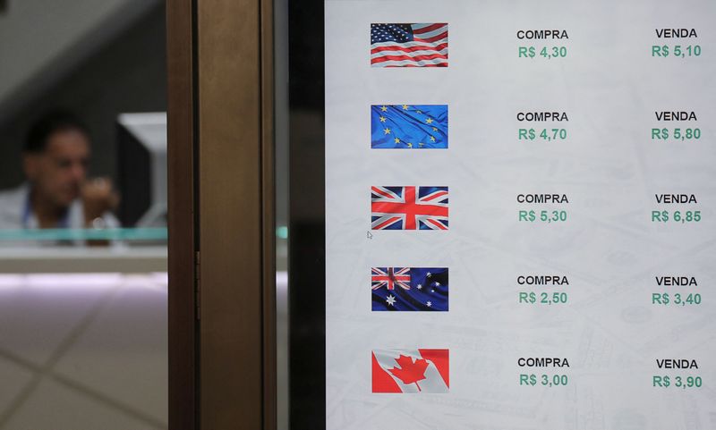 &copy; Reuters. FILE PHOTO: A screen shows the Brazilian real-U.S. dollar and several other foreign currencies exchange rates in Rio de Janeiro, Brazil March 12, 2020. REUTERS/Sergio Moraes/File Photo