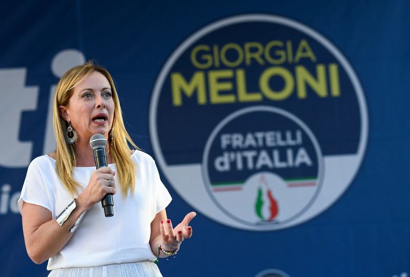 &copy; Reuters. FILE PHOTO: Giorgia Meloni, leader of the far-right Brothers of Italy party, speaks during a rally in Duomo square ahead of the Sept. 25 snap election, in Milan, Italy, September 11, 2022. REUTERS/Flavio Lo Scalzo