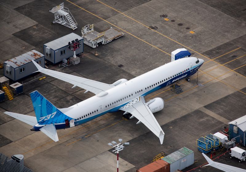 &copy; Reuters. FILE PHOTO: An aerial view of a Boeing 737 MAX 10 airplane parked at King County International Airport-Boeing Field in Seattle, Washington, U.S, June 1, 2022.  REUTERS/Lindsey Wasson