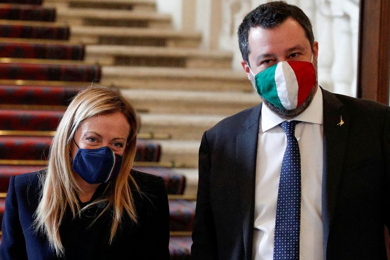 &copy; Reuters. FILE PHOTO: Brothers of Italy leader Giorgia Meloni and League party leader Matteo Salvini leave after a meeting with Italian President Sergio Mattarella at the Quirinale Palace in Rome, Italy January 29, 2021. REUTERS/Guglielmo Mangiapane/