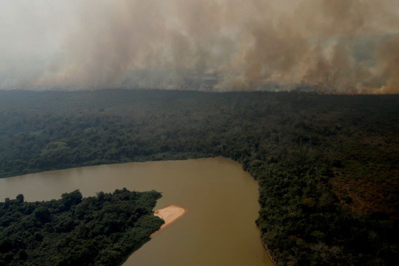 &copy; Reuters. Fumaça sobre vegetação ao redor do rio Cuiabá, no Pantanal, em Poconé, no Mato Grosso
28/08/2020
REUTERS/Amanda Perobelli