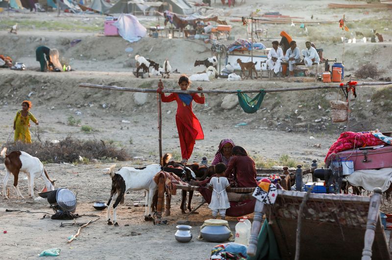© Reuters. نازحون باكستانيون يحتمون في أحد المعسكرات بسبب الأمطار والفيضانات بمدينة سهوان في صورة بتاريخ 15 سبتمبر أيلول 2022. تصوير: أختر سومرو - رويترز.