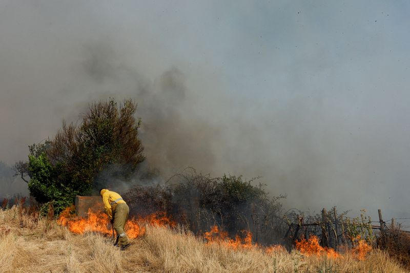 &copy; Reuters. FILE PHOTO: A firefighter works to extinguish a wildfire amid Spain's second heatwave of the year, in Faramontanos de Tabara, Spain, July 19, 2022. REUTERS/Borja Suarez/File Photo