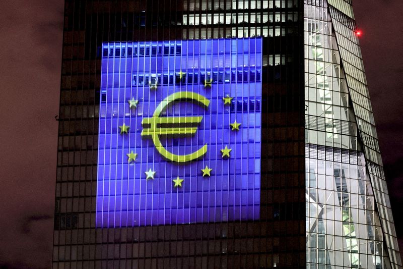 &copy; Reuters. FILE PHOTO: A symphony of light consisting of bars, lines and circles in blue and yellow, the colours of the European Union, illuminates the south facade of the European Central Bank (ECB) headquarters in Frankfurt, Germany, December 30, 2021. REUTERS/Wol