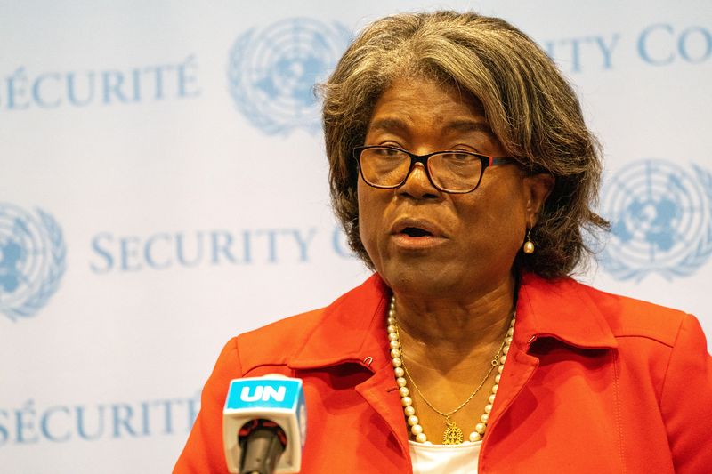 &copy; Reuters. FILE PHOTO: U.S. Ambassador to the U.N. Linda Thomas-Greenfield speaks at the U.N. media stakeout prior to the United Nations Security Council meeting, amid Russia's invasion of Ukraine, at the United Nations Headquarters in New York City, New York, U.S.,