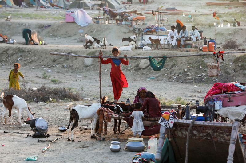 &copy; Reuters. People, who became displaced, take refuge in a camp, following rains and floods during the monsoon season in Sehwan, Pakistan September 15, 2022. REUTERS/Akhtar Soomro