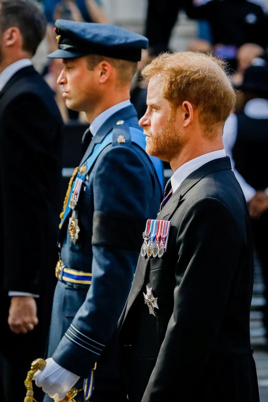 &copy; Reuters. الأمير وليام (الى اليسار) والأمير هاري خلف نعش الملكة الراحلة إليزابيث الثانية خلال مراسم في لندن يوم 14 سبتمبر أيلول 2022. صورة لرويترز من ممثل