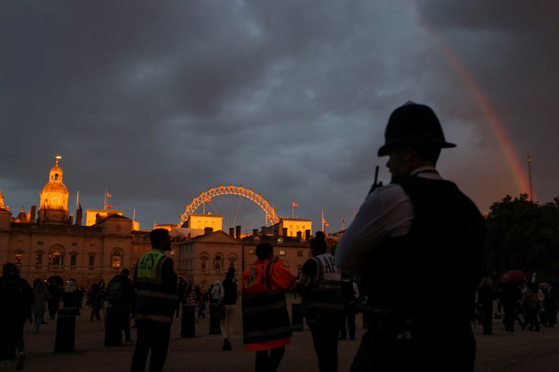 &copy; Reuters. A rainbow appears in the sky near the Horse Guards Building a day before the funeral of Britain's Queen Elizabeth, following her death, in London, Britain September 18, 2022. REUTERS/Marko Djurica 