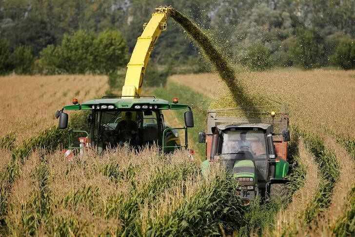 &copy; Reuters. FOTO DE ARCHIVO: Maquinaria agrícola cosecha maíz en un campo en Chalonnes-sur-Loire, Francia, 29 de agosto de 2017. REUTERS/Stephane Mahe