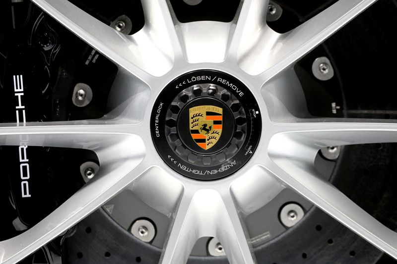 &copy; Reuters. FILE PHOTO: The Porsche logo is seen on a wheel of the 2020 Porsche 911 Speedster as it is revealed at the 2019 New York International Auto Show in New York City, New York, U.S, April 17, 2019. REUTERS/Brendan McDermid