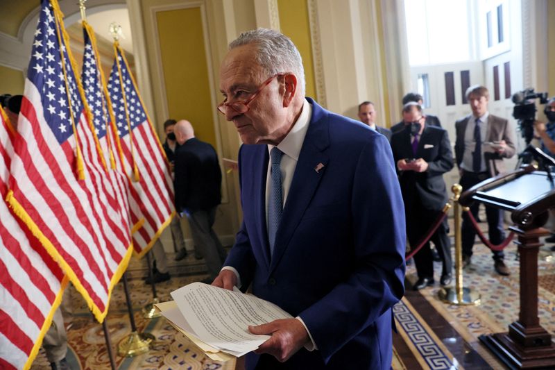 &copy; Reuters. U.S. Senate Democratic Leader Chuck Schumer leaves after speaking to the news media on Capitol Hill in Washington, U.S., September 13, 2022. REUTERS/Leah Millis