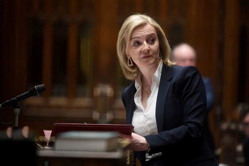 &copy; Reuters. FILE PHOTO: British Secretary of State for Foreign Affairs Liz Truss makes a statement on sanctions after Russia invaded Ukraine, in the House of Commons, London, Britain, February 28, 2022. UK Parliament/Jessica Taylor/Handout via REUTERS/File Photo