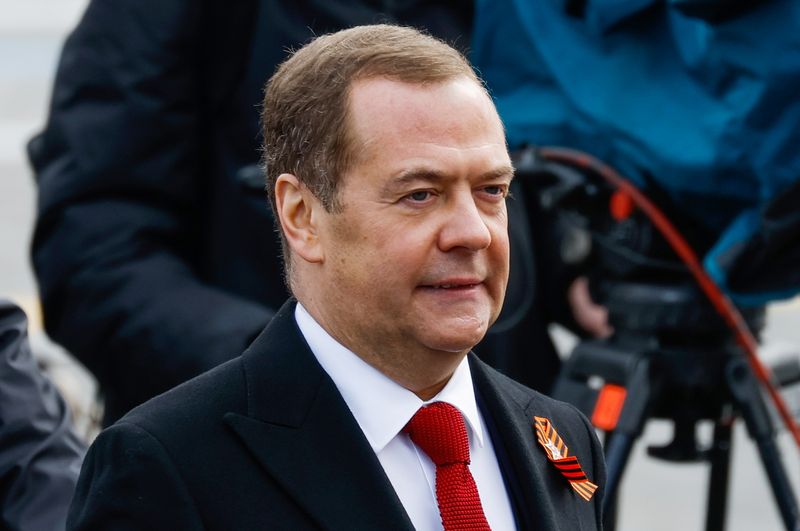 &copy; Reuters. FILE PHOTO: Deputy Chairman of Russia's Security Council Dmitry Medvedev attends a military parade on Victory Day, which marks the 77th anniversary of the victory over Nazi Germany in World War Two, in Red Square in central Moscow, Russia May 9, 2022. REU