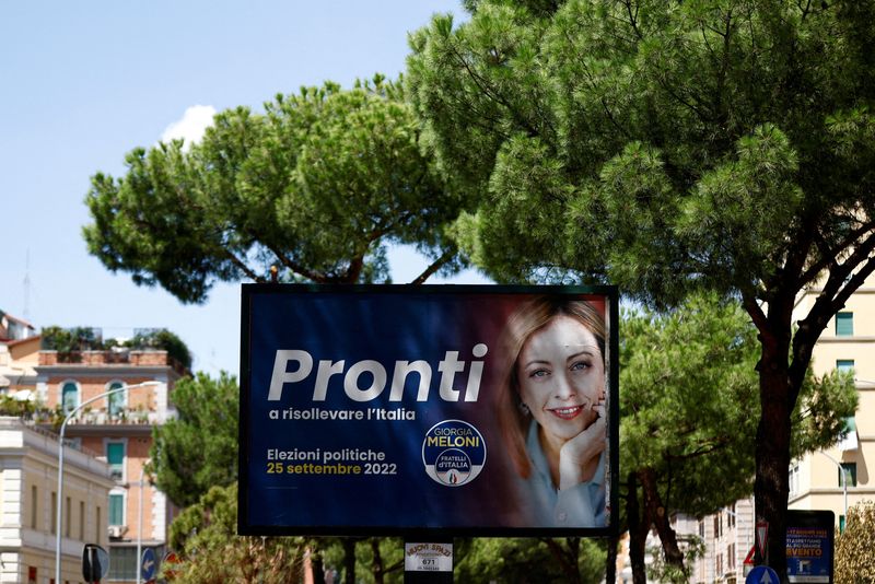 &copy; Reuters. Une affiche de campagne électorale de Giorgia Meloni, leader du parti d'extrême droite Frères d'Italie, à Rome. /Photo d'archives du 23 août 2022/REUTERS/Guglielmo Mangiapane