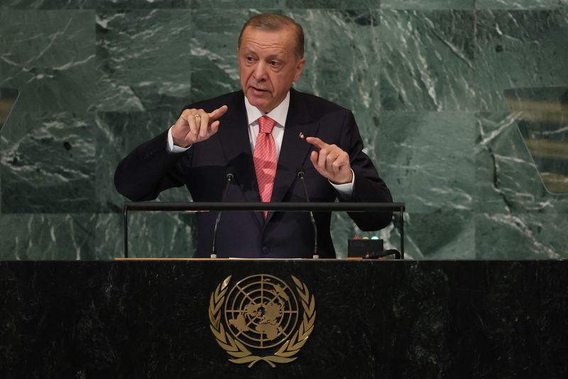 &copy; Reuters. الرئيس التركي رجب طيب أردوغان في كلمته أمام الجمعية العامة للأمم المتحدة في نيويورك يوم الثلاثاء. تصوير: برندان مكدرميد - رويترز.
