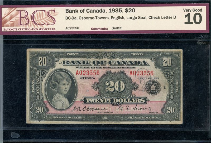 &copy; Reuters. A Canadian $20 note from 1935, featuring a portrait 8-years-old Princess Elizabeth (later Queen Elizabeth), which will be auctioned later this month is seen in this undated handout picture provided September 20, 2022. Sean Isaacs/Handout via REUTERS 