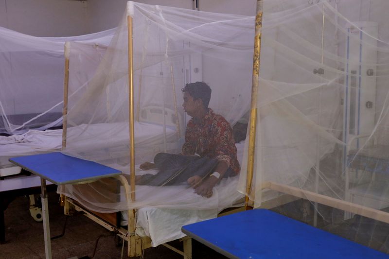 &copy; Reuters. A patient suffering from dengue fever sits under a mosquito net inside a dengue and malaria ward at the Sindh Government Services Hospital in Karachi, Pakistan September 21, 2022. REUTERS/Akhtar Soomro