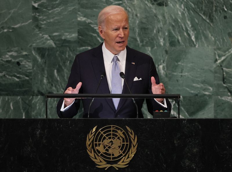 &copy; Reuters. Il presidente degli Stati Uniti, Joe Biden, durante un intervento alla sede centrale dell'Onu a New York. REUTERS/Brendan McDermid