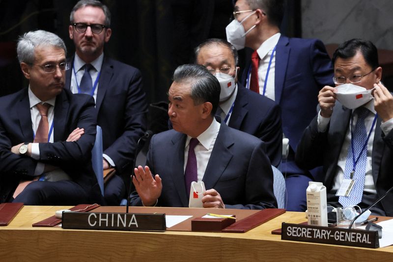 &copy; Reuters. China's Foreign Minister Wang Yi attends a high level meeting of the United Nations Security Council on the situation amid Russia's invasion of Ukraine, at the 77th Session of the United Nations General Assembly at U.N. Headquarters in New York City, U.S.