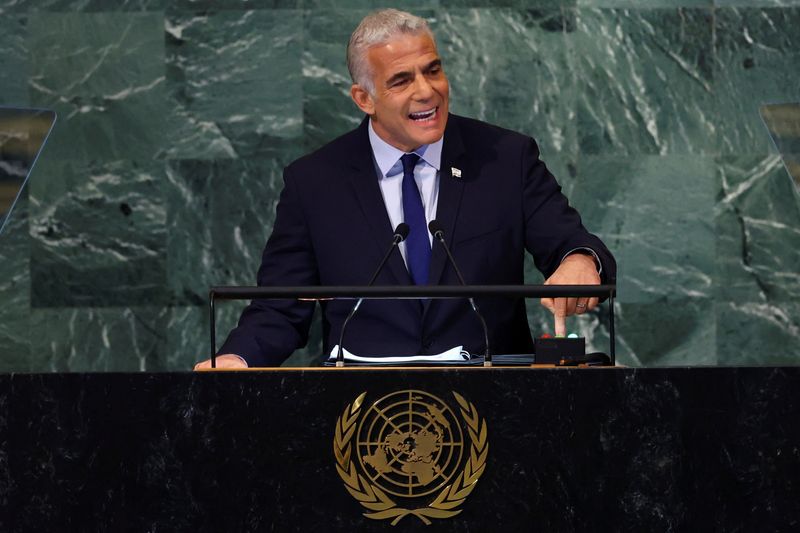 &copy; Reuters. O primeiro-ministro israelense, Yair Lapid, discursa na Assembleia-Geral da ONU, em Nova York.REUTERS/Mike Segar