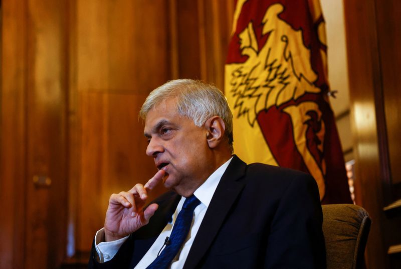 © Reuters. FILE PHOTO: Sri Lanka's President Ranil Wickremesinghe looks on during an interview with Reuters at Presidential Secretariat, amid the country's economic crisis, in Colombo, Sri Lanka August 18, 2022. REUTERS/ Dinuka Liyanawatte
