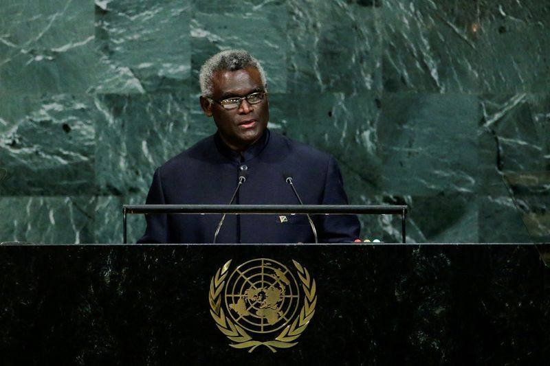 &copy; Reuters. FILE PHOTO: Solomon Islands Prime Minister Manasseh Sogavare addresses the 72nd United Nations General Assembly at U.N. headquarters in New York, U.S., September 22, 2017. REUTERS/Eduardo Munoz/File Photo