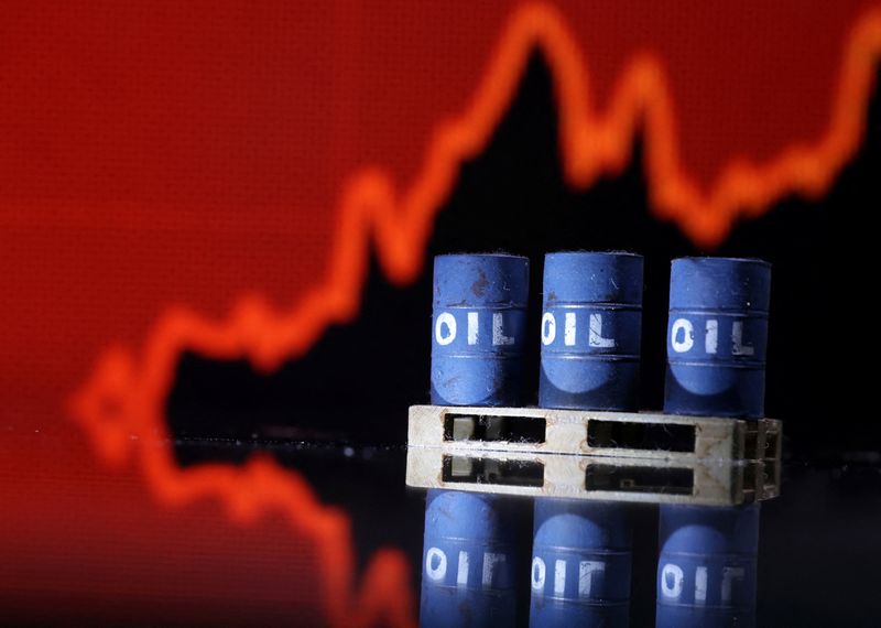 © Reuters. FILE PHOTO: Model of Oil barrels are seen in front of rising stock graph in this illustration, July 24, 2022. REUTERS/Dado Ruvic/Illustration