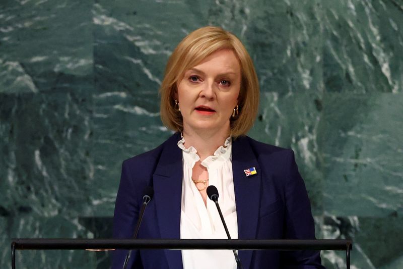 &copy; Reuters. FILE PHOTO: British Prime Minister Liz Truss addresses the 77th Session of the United Nations General Assembly at U.N. Headquarters in New York City, U.S., September 21, 2022. REUTERS/Mike Segar