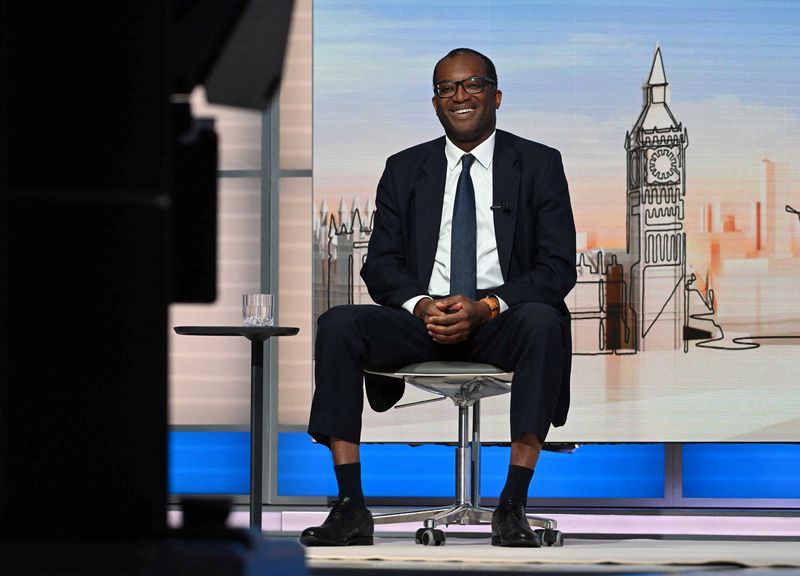 © Reuters. FILE PHOTO: British Chancellor of the Exchequer Kwasi Kwarteng attends an interview with Laura Kuenssberg from the Labour Party Conference in Liverpool, in the London studio, Britain September 25, 2022. Jeff Overs/BBC/Handout via REUTERS. 