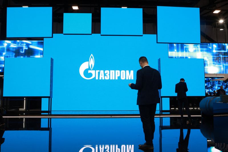 &copy; Reuters. FILE PHOTO: The logo of Gazprom is displayed on a screen during the Saint Petersburg international gas forum in Saint Petersburg, Russia September 15, 2022.  REUTERS/Anton Vaganov