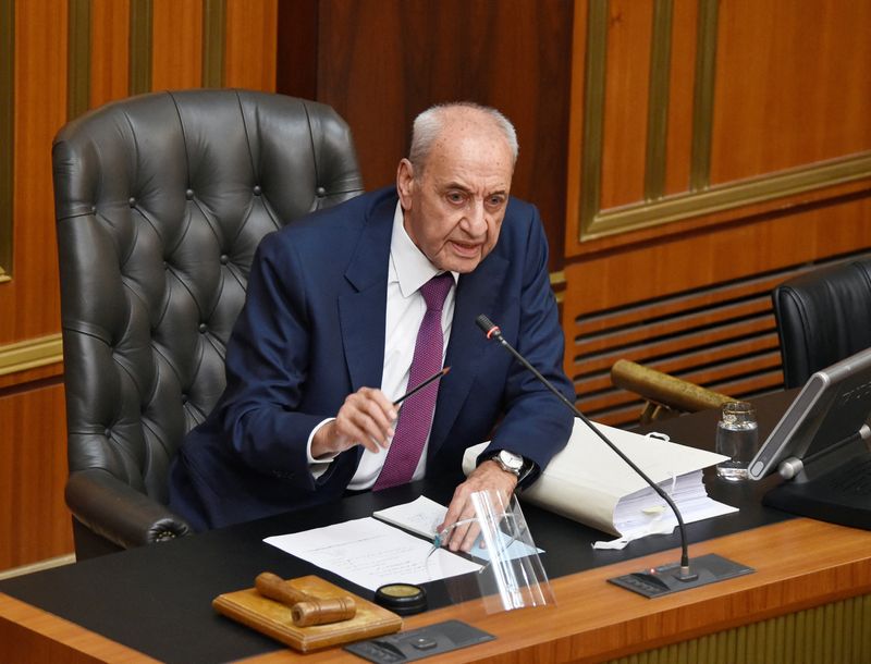 &copy; Reuters. رئيس البرلمان اللبناني نبيه بري يتحدث خلال جلسة للبرلمان في بيروت يوم 16 سبتمبر أيلول 2022. صورة لرويترز من البرلمان اللبناني. (يحظر إعادة بيع ا