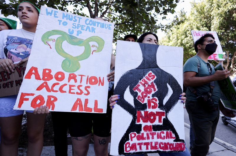 © Reuters. FILE PHOTO: FILE PHOTO: Abortion rights protesters demonstrate in Los Angeles, California, U.S., June 27, 2022. REUTERS/Lucy Nicholson/File Photo/File Photo/File Photo