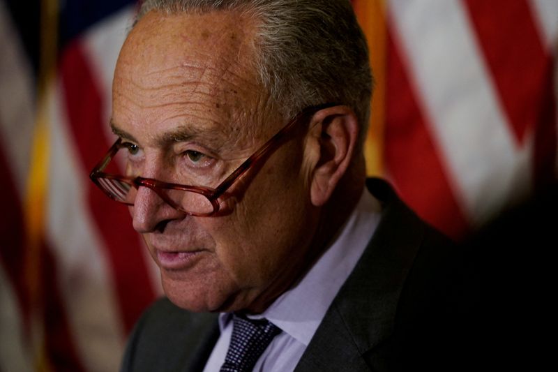 &copy; Reuters. FILE PHOTO: U.S. Senate Majority Leader Chuck Schumer (D-NY) speaks to reporters following the Senate Democrats weekly policy lunch at the U.S. Capitol in Washington, U.S., September 20, 2022. REUTERS/Elizabeth Frantz/File Photo