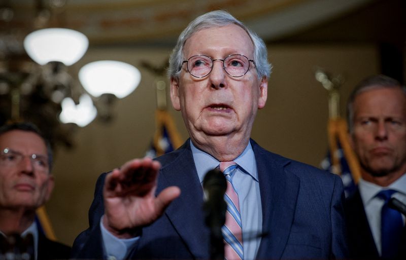 © Reuters. FILE PHOTO: U.S. Senate Minority leader Mitch McConnell (R-KY), answers questions during the weekly Republican news conference on Capitol Hill in Washington, U.S., September, 13, 2022. REUTERS/Evelyn Hockstein