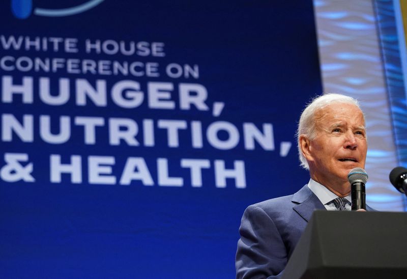 © Reuters. U.S. President Joe Biden speaks at the White House Conference on Hunger, Nutrition and Health in Washington, U.S., September 28, 2022. REUTERS/Kevin Lamarque