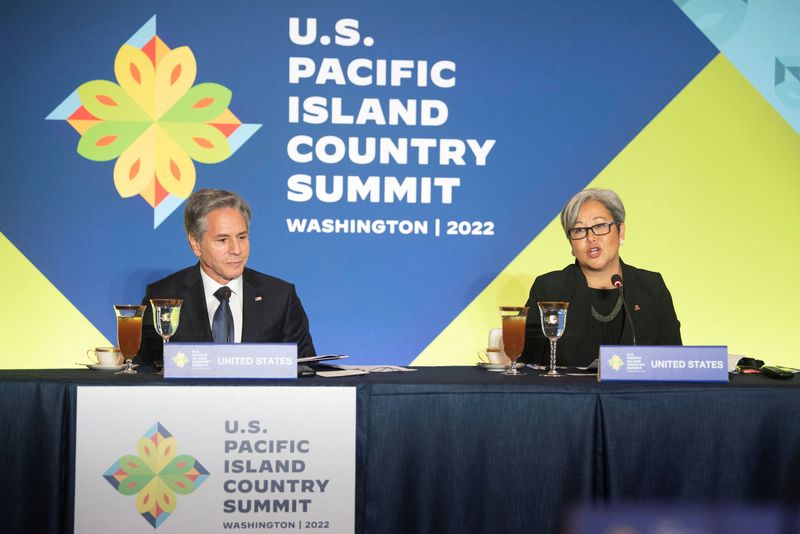 © Reuters. East-West Center President Suzanne Puanani Vares-Lum speaks next to U.S. Secretary of State Antony Blinken during the U.S.-Pacific Island Country Summit at the State Department in Washington, U.S., September 28, 2022. Kevin Wolf/Pool via REUTERS