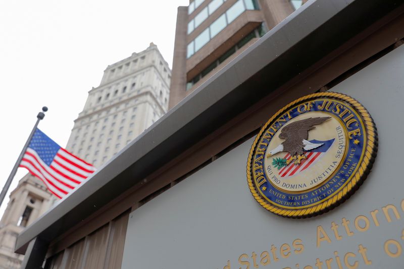 &copy; Reuters. The seal of the United States Department of Justice is seen on the building exterior of the United States Attorney's Office of the Southern District of New York in Manhattan, New York City, U.S., August 17, 2020. REUTERS/Andrew Kelly