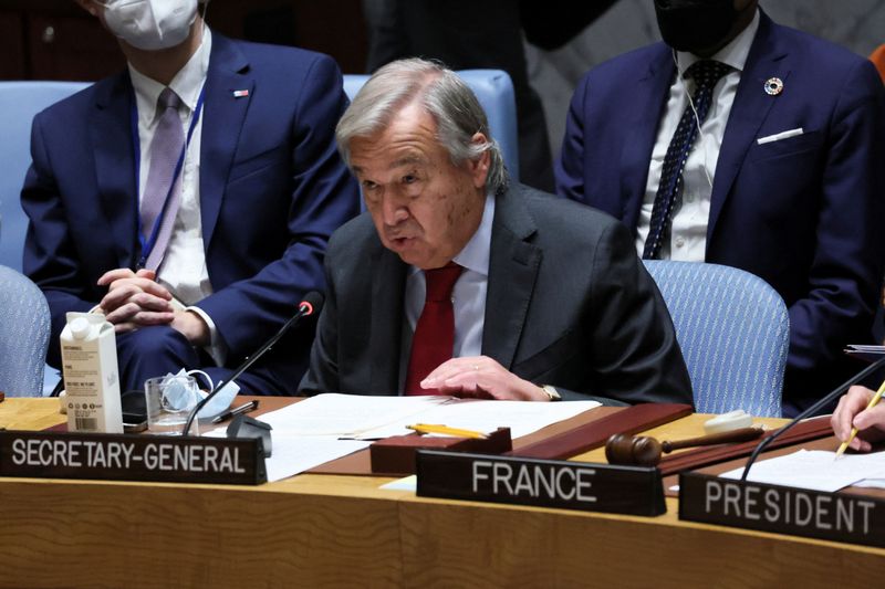&copy; Reuters. الأمين العام للأمم المتحدة أنطونيو جوتيريش يتحدث أثناء اجتماع لمجلس الأمن بنيويورك في 22 سبتمبر أيلول 2022. تصوير : بريندان مكدرميد- رويترز . 