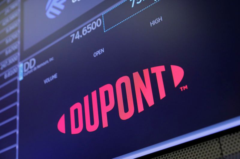 &copy; Reuters. The logo for DuPont de Nemours, Inc. is seen on the trading floor at the New York Stock Exchange (NYSE) in Manhattan, New York City, U.S., August 3, 2021. REUTERS/Andrew Kelly