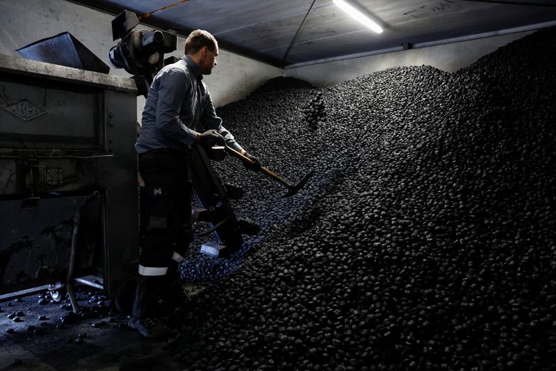 © Reuters. Coal seller Gerben van Beek shovels coal, in Veenendaal, Netherlands September 28, 2022. REUTERS/Piroschka van de Wouw