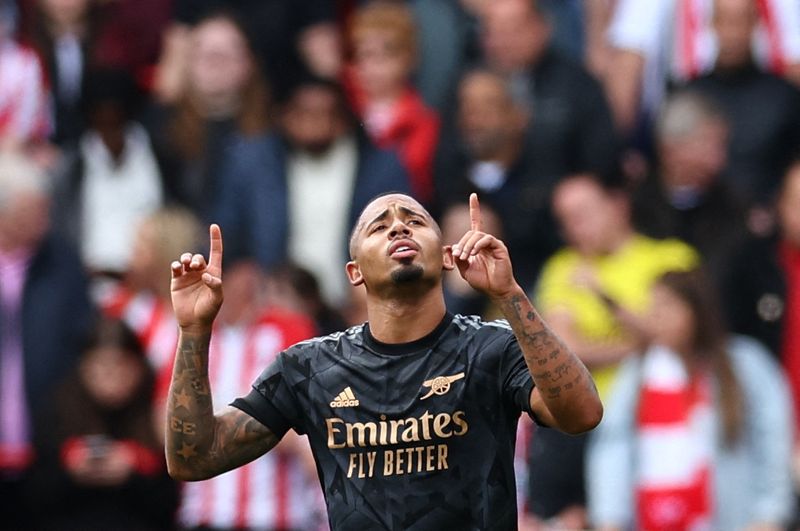 &copy; Reuters. Gabriel Jesus comemora gol do Arsenal
 18/9/2022    REUTERS/David Klein