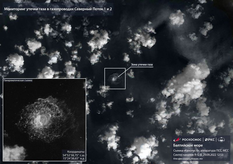 &copy; Reuters. A satellite image shows gas from the Nord Stream pipeline bubbling up in the water following incidents in the Baltic Sea, in this handout picture released September 29, 2022. Roscosmos/Handout via REUTERS 