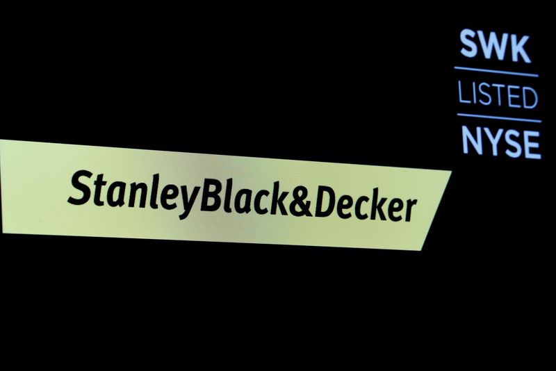 &copy; Reuters. FILE PHOTO: The logo and ticker are displayed for StanleyBlack & Decker on a screen on the floor of the New York Stock Exchange (NYSE) in New York, U.S., July 6, 2018. REUTERS/Brendan McDermid/File Photo