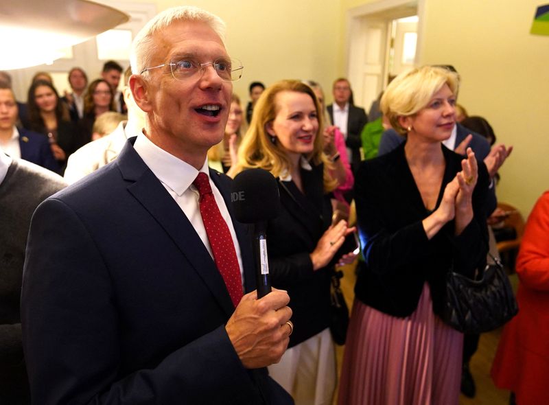 © Reuters. Latvian Prime Minister Arturs Krisjanis Karins reacts at 