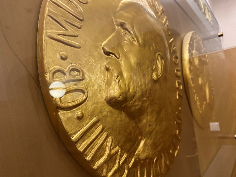 &copy; Reuters. FILE PHOTO: A Nobel Prize medal replica is on display inside the Norwegian Nobel Institute in Oslo, Norway September 19, 2022. REUTERS/Victoria Klesty