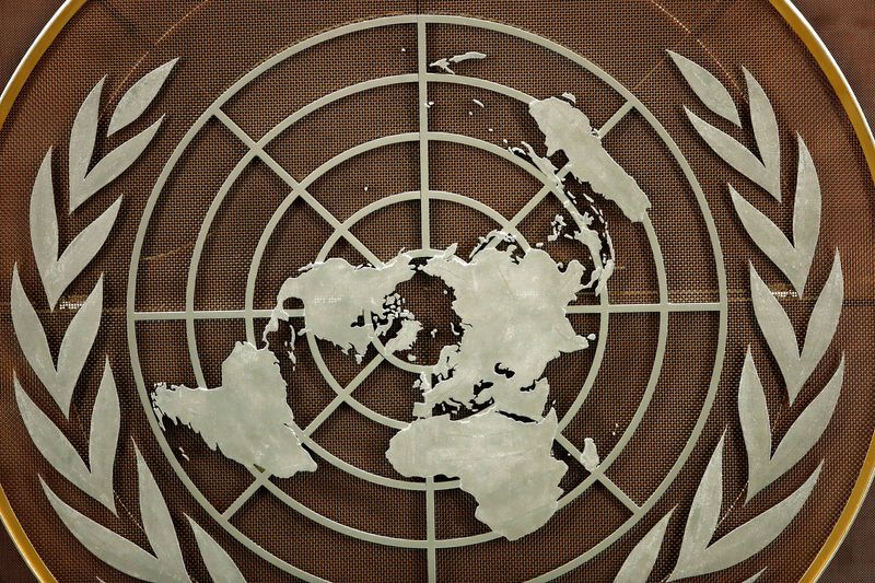 &copy; Reuters. FILE PHOTO: The logo of the United Nations is seen in the General Assembly hall before heads of state begin to address the 76th Session of the U.N. General Assembly in New York City, U.S., September 21, 2021.  REUTERS/Eduardo Munoz/Pool/File Photo