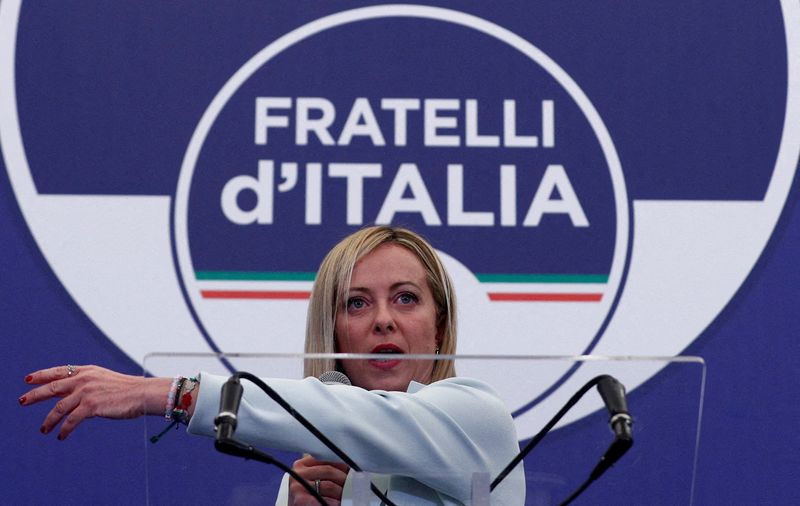 © Reuters. FILE PHOTO: Leader of Brothers of Italy Giorgia Meloni speaks at the party's election night headquarters, in Rome, Italy September 26, 2022. REUTERS/Guglielmo Mangiapane/File Photo